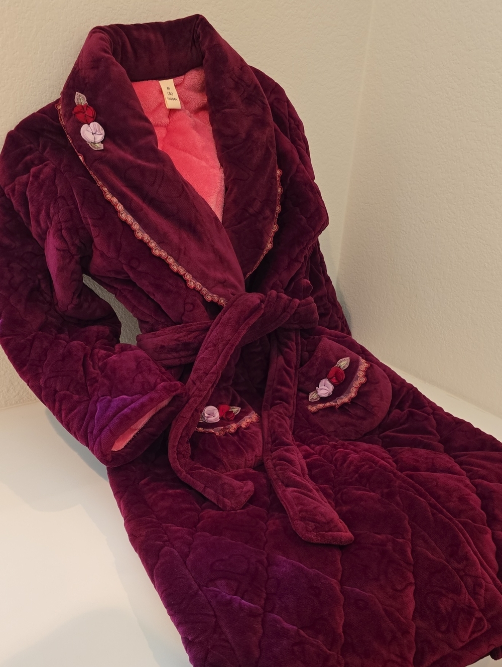 Nwt Plush Quilted Robe - Deep Berry With Embrodiery Flowers